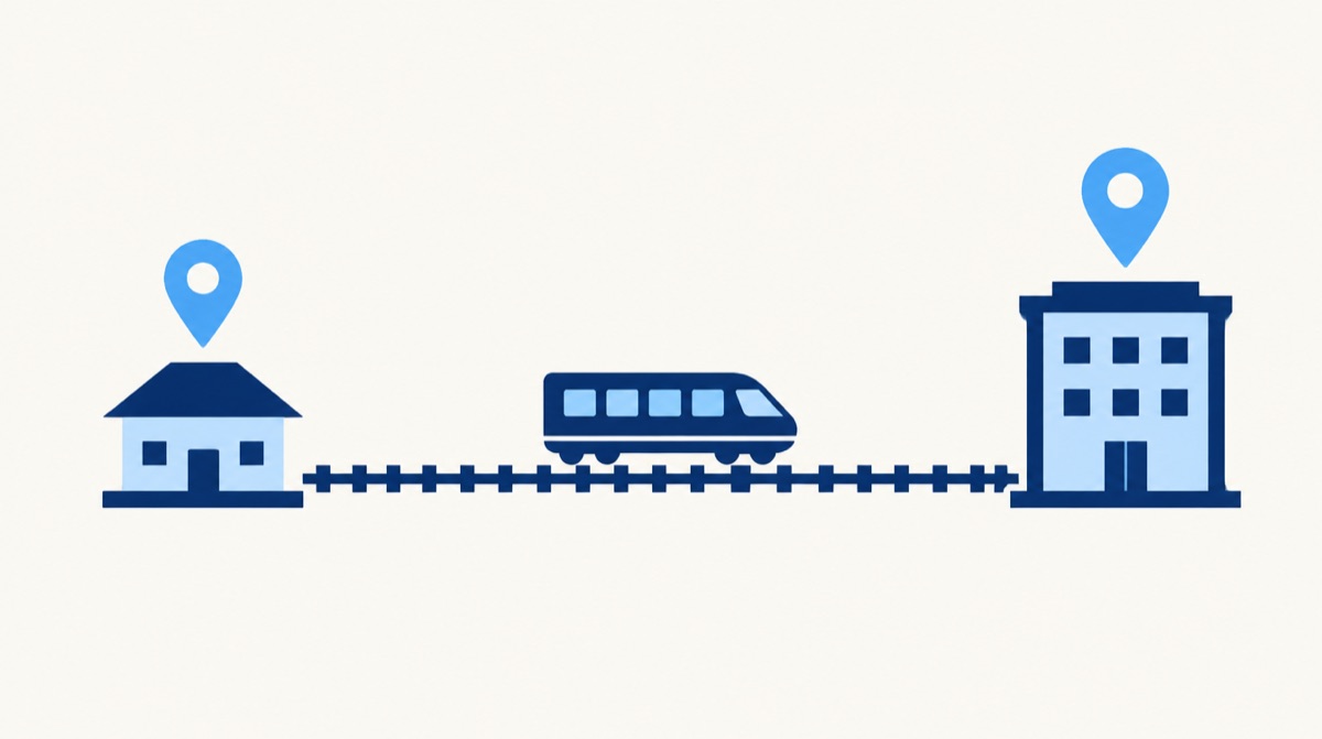 鉄道の路線で地元と大都市をつなぐ位置関係を示した図