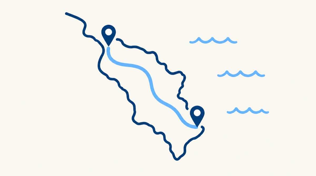 沿岸エリアを探すことを表す簡素な地図と地図ピン