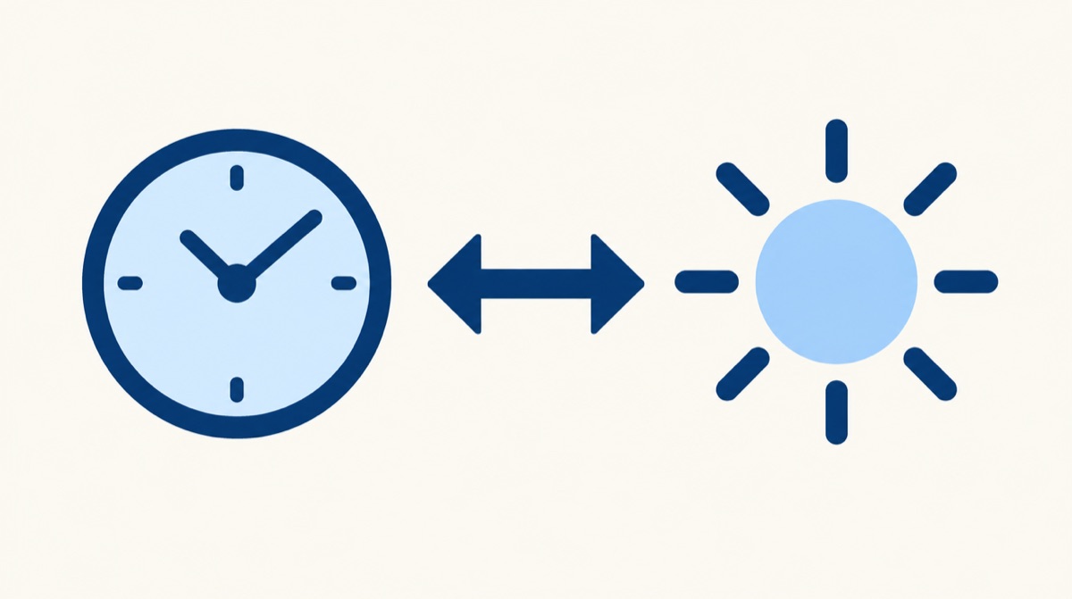 時計と太陽を双方向の矢印で結び、勤務の時間帯と昼の生活時間との関係を示した図